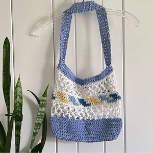 $49 SALE Handmade Ocean Vibe Tote Bag Purse Reusable Crochet Blue White Yellow